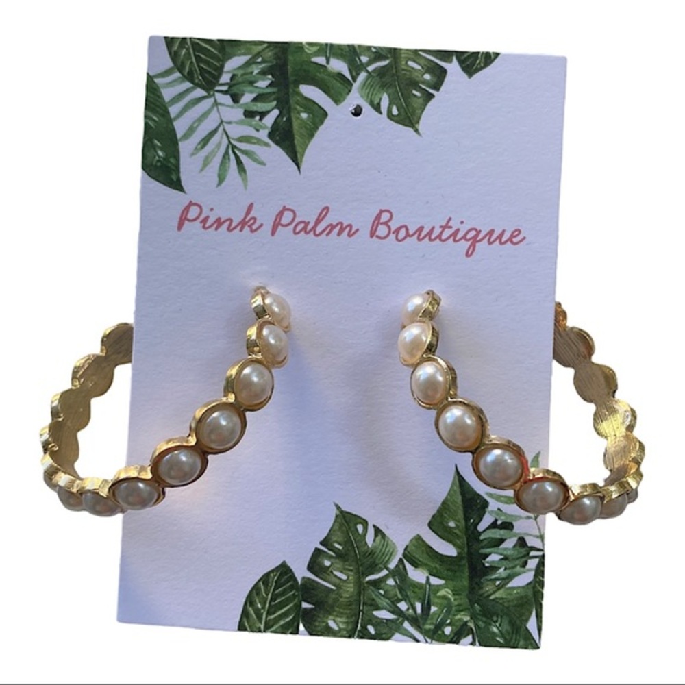 Large Gold Hoop Earrings w/ Pearl Accents | NWT